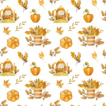 Autumn leaves in kettle house with pumpkin watercolor drawing seamless pattern. Fall season foliage aquarelle painting