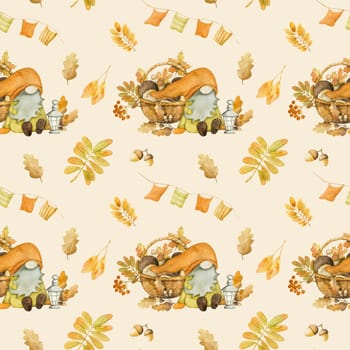 Cute autumn dwarf with pumpkin harvest watercolor painting seamless pattern. Fall season cartoon gnome with orange vegetable aquarelle painting