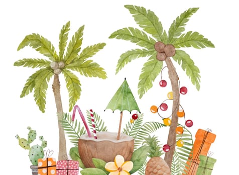 Caribbean merry christmas watercolor painting with coconut coctail and xmas palm tree. Tropical beach new year drink with lollipops candies and gifts