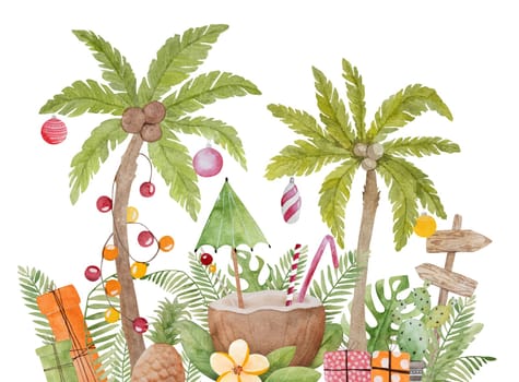 Caribbean merry christmas watercolor painting with coconut coctail and xmas palm tree. Tropical beach new year drink with lollipops candies and gifts