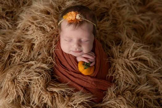 Newborn baby girl swaddled in white fabric sleeping in basket decorated with pumpkins. Infant child kid napping on fur autumn studio portrait