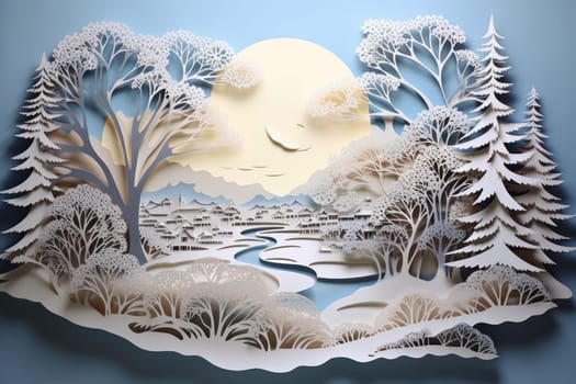 An exquisite winter composition, expertly capturing the tranquil allure of recently fallen snow draping over trees, landscapes, and architectural structures.