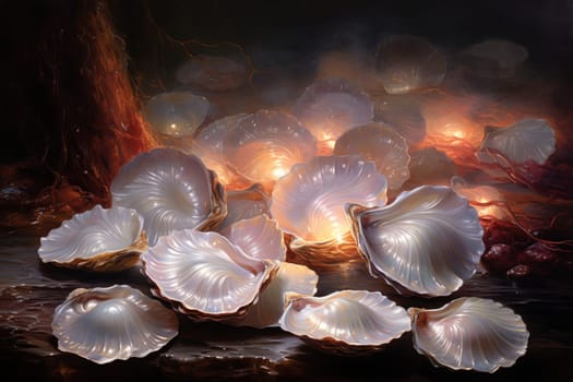 An enchanting depiction of radiant pearl oysters, tenderly nurturing exquisite pearls imbued with enigmatic properties.