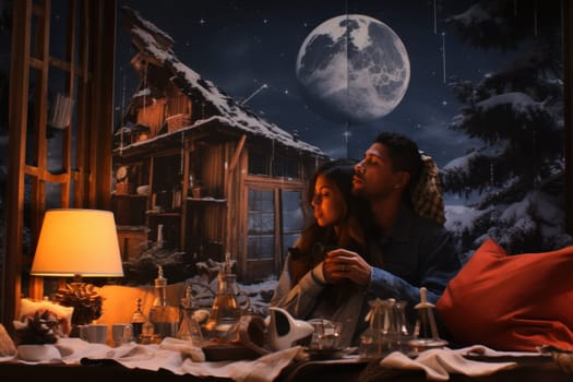 A heartwarming depiction of the winter season's charm, with individuals captured indoors, basking by a crackling fire, indulging in hot cocoa, or cocooned in soft blankets.