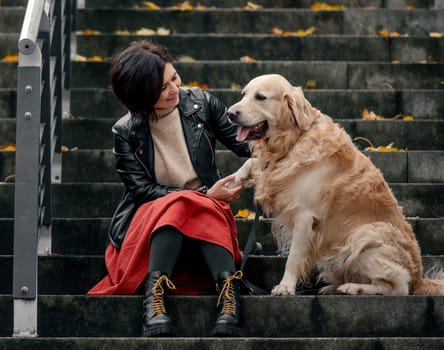 Young woman sitting on a ladder and petting a Golden Retriever dog