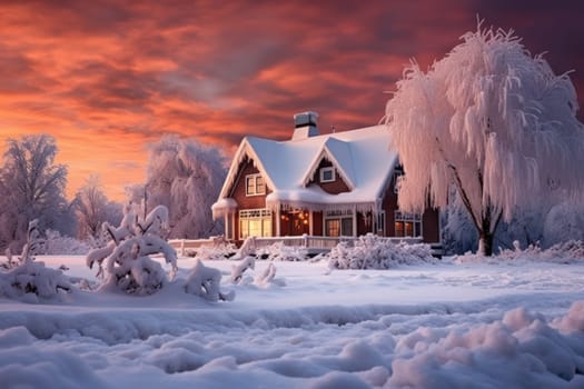 An exquisite winter composition, expertly capturing the tranquil allure of recently fallen snow draping over trees, landscapes, and architectural structures.