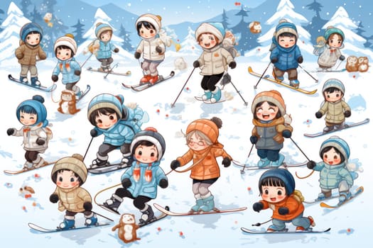 A dynamic portrayal of the exhilarating winter season, featuring individuals engaged in a range of invigorating activities such as skiing, snowboarding, and ice skating.