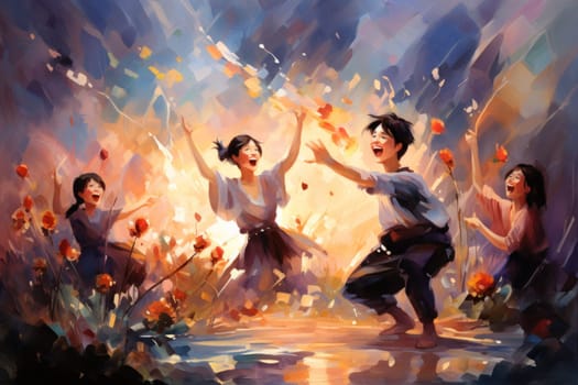 A whimsical portrayal of mischievous laughter sprites, their infectious joy and mirth radiating as they frolic through enchanted meadows.