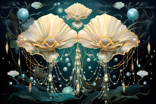 An enchanting depiction of radiant pearl oysters, tenderly nurturing exquisite pearls imbued with enigmatic properties.