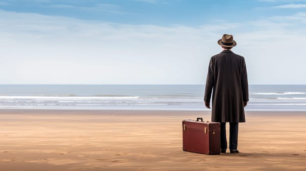 man with suitcase standing on beach, storytelling concept - AI generative