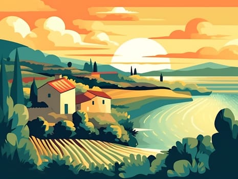 Vivid paintings of bucolic coastline landscapes under cloudy sky - AI generative