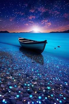 A magical silhouette of a boat cuts across the sparkle of starlit water - AI generative