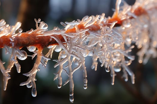 A remarkable portrayal of winter's allure, focusing on the glistening, see-through charm of icicles suspended from rooftops and tree limbs, showcasing their sparkling and crystalline elegance.