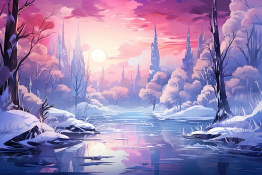 A captivating artistic portrayal of the enchanting winter season, where landscapes are magically transformed into a wonderland adorned with shimmering snow and sparkling icicles.