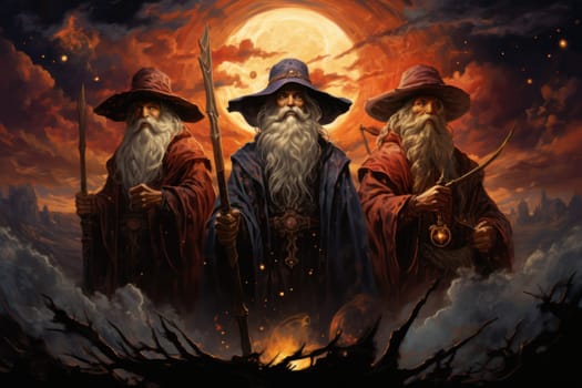 A mesmerizing portrayal of venerable and formidable wizards, exuding wisdom as they masterfully cast intricate arcane spells, wielding ancient staffs adorned with mystic runes.