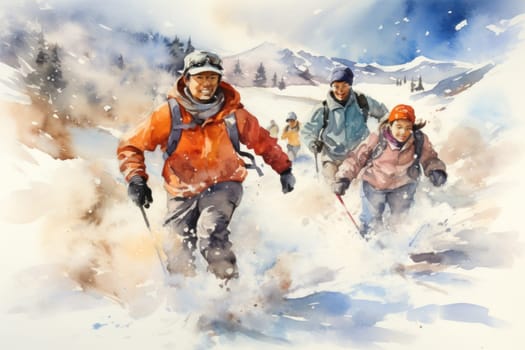 A dynamic portrayal of the exhilarating winter season, featuring individuals engaged in a range of invigorating activities such as skiing, snowboarding, and ice skating.