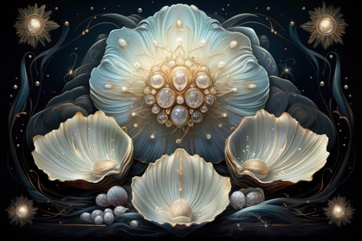 An enchanting depiction of radiant pearl oysters, tenderly nurturing exquisite pearls imbued with enigmatic properties.
