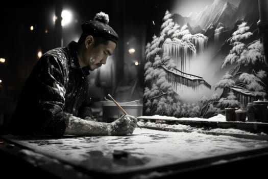 A captivating artistic portrayal of the enchanting winter season, where landscapes are magically transformed into a wonderland adorned with shimmering snow and sparkling icicles.