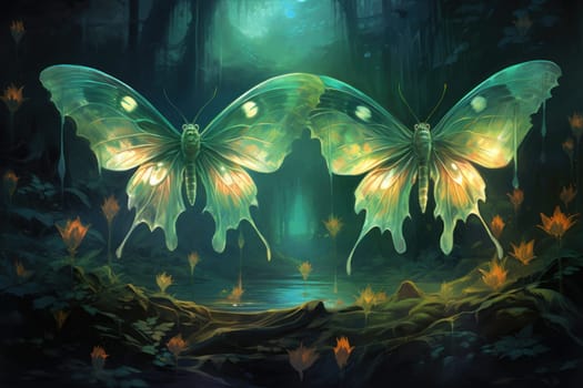 A captivating portrayal of celestial moth guardians, their ethereal presence warding off malevolent spirits with a soft, lunar glow.