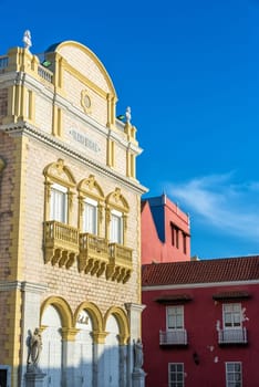 Facade of the historic Heredia Theater in the colonial center of Cartagena, Colombia