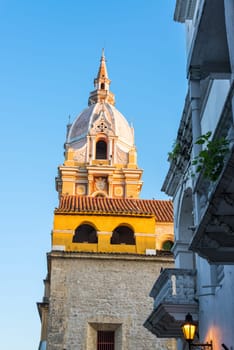 Spire of the cathedral in the historic center of Cartagena, Colombia