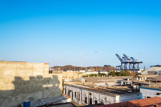 View of the historic center of Santa Marta, Colombia with the port visible in the background