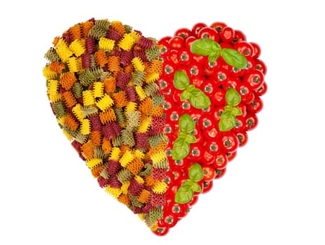 Heart of pasta noodles,tomatoes and basil