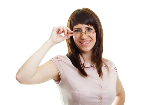 young attractive girl in glasses on a white background isolation