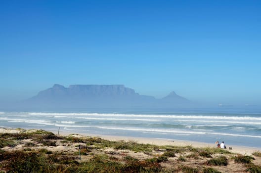 View of Table mountain in South Africa from the beach Table view