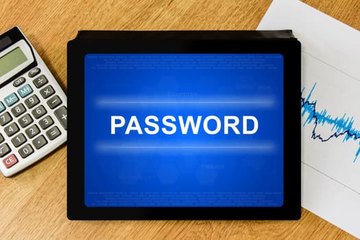 password on digital tablet with calculator and financial graph