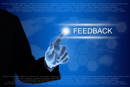 business hand pushing feedback button on a touch screen interface