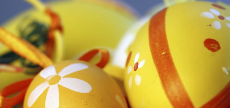 Close up of many Easter eggs in a bascket
