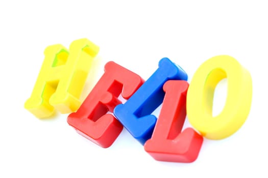 Close-up of letters. "Hello"" word."
