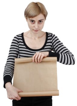 Young blonde woman holding a blank piece of paper.