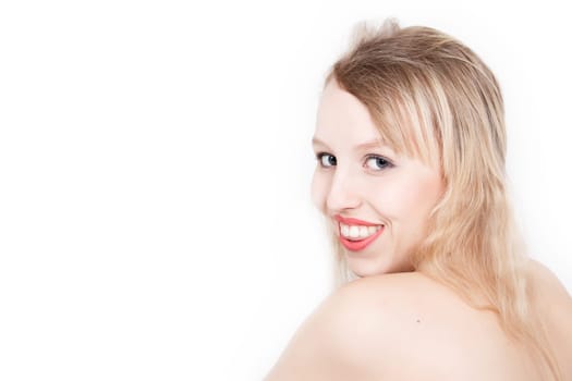 Portrait from young blond woman on a white background with much skin visible