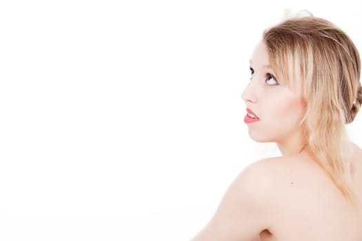 Portrait from young blond woman on a white background with much skin visible