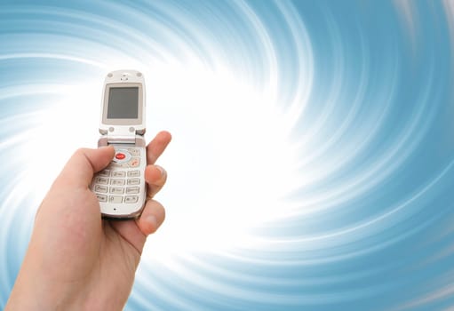 Cell phone in a man hand. Distorting effect