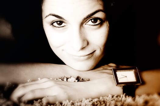 Beautiful happy woman with awful eyes.