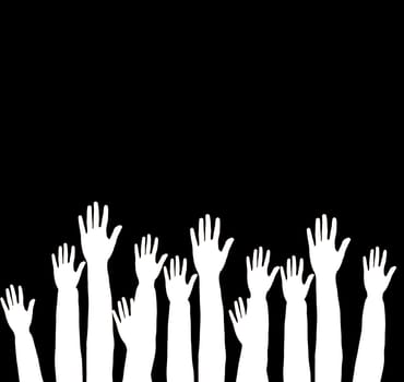 Lots of hands up, at a party. Isolated