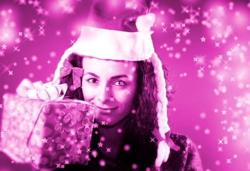woman with a gift in her hands and snowflakes