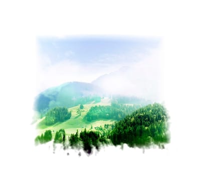 Mountains with green forest landscape.