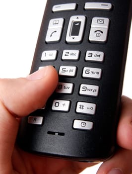 Cell Phone in a man hand. Isolated on white background.