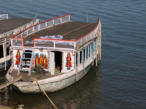 boats in Ganges holy river in Varanasi city, India