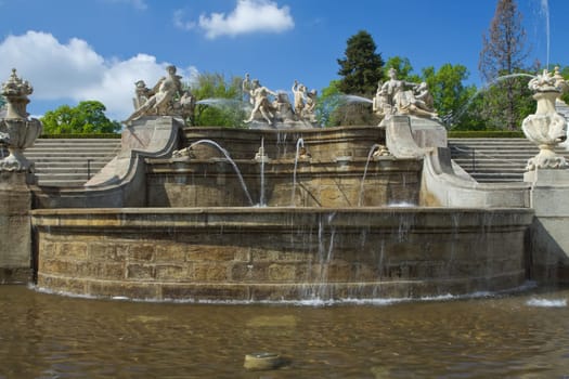Old town of Cesky Krumlov (Czech Republic, Central Europe). Famous fountain in the garden.