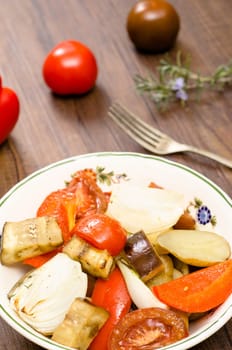 Grilled vegetables in a bowl of porcelain in portrait format