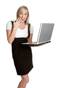 Isolated blond laughing laptop woman
