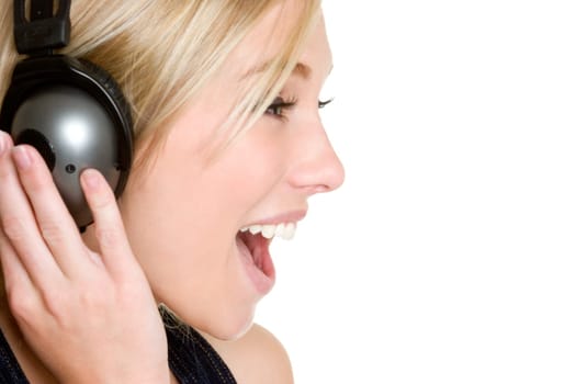 Singing girl listening music headphones