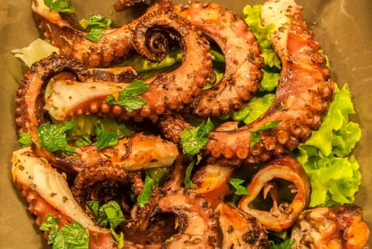 Fried octopus with olive oil and fresh salad