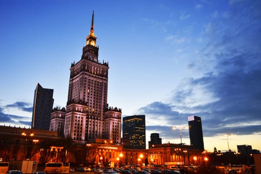 Warsaw city center with Palace of Culture and Science, the tallest building in Poland and the eighth tallest building in the EU