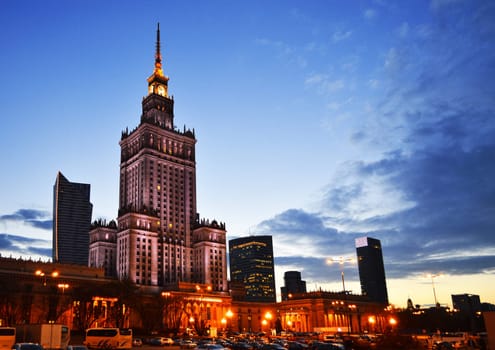 Warsaw city center with Palace of Culture and Science, the tallest building in Poland and the eighth tallest building in the EU
